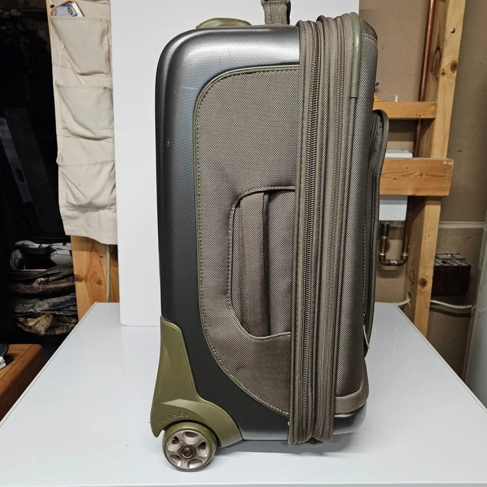 Delsey Rolling Suitcase Olive Green Grey Lightweight Hybrid Carry On Bag *